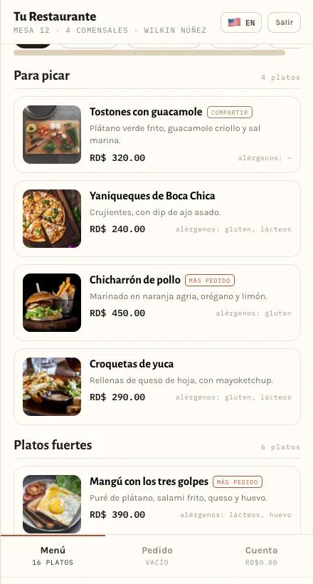 Carta digital de Cuadra con platos y precios.