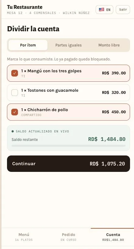 Elige tus platos y divide la cuenta desde tu teléfono.