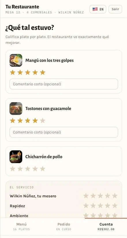 La pantalla de reseñas, con cinco estrellas dadas al mangú y un campo para comentar.